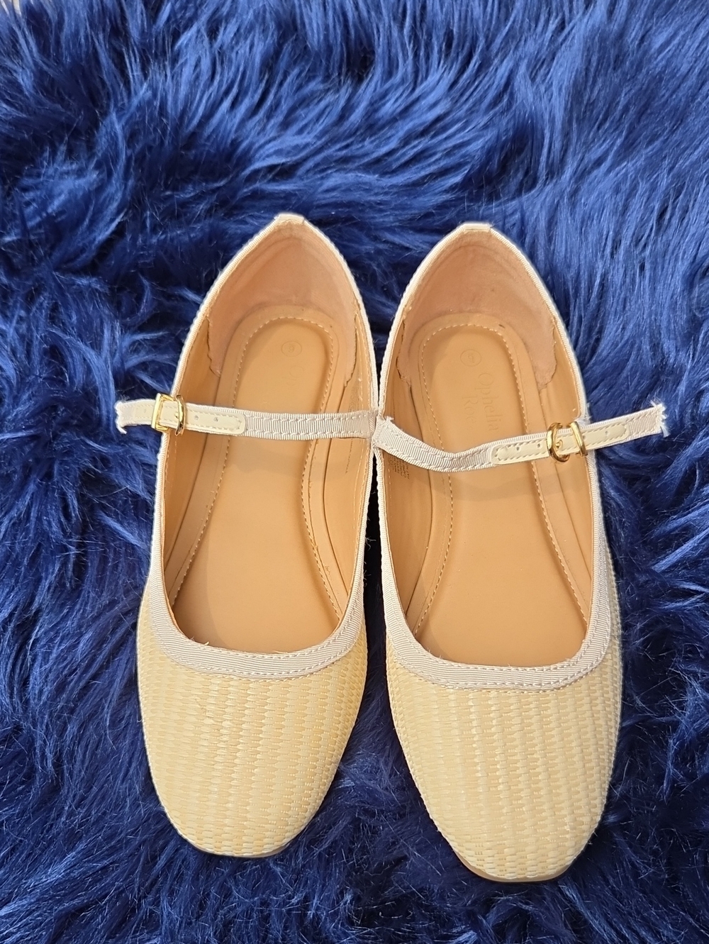 Beige Mary Jane Straw-Texture Flats with Adjustable Strap